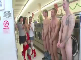 Buddies stand in line to get sucked by clothed babes